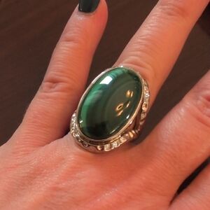 Elegant GSJ Stainless Steel Stamped Large Green Stone Ring